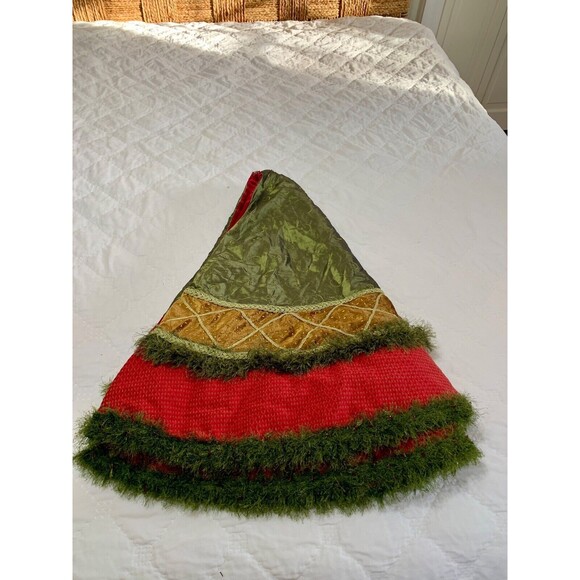 Handmade Luxurious Satin Christmas Tree Skirt 60" Red Gold Green Reversible EUC - Picture 11 of 12